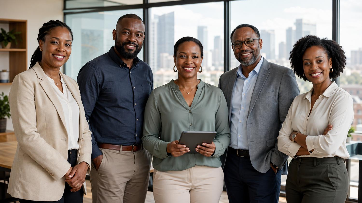 The Winsor Consult team - a diverse group of African development professionals standing confidently in a bright modern office space, representing expertise in research, evaluation, data systems, and programme implementation.